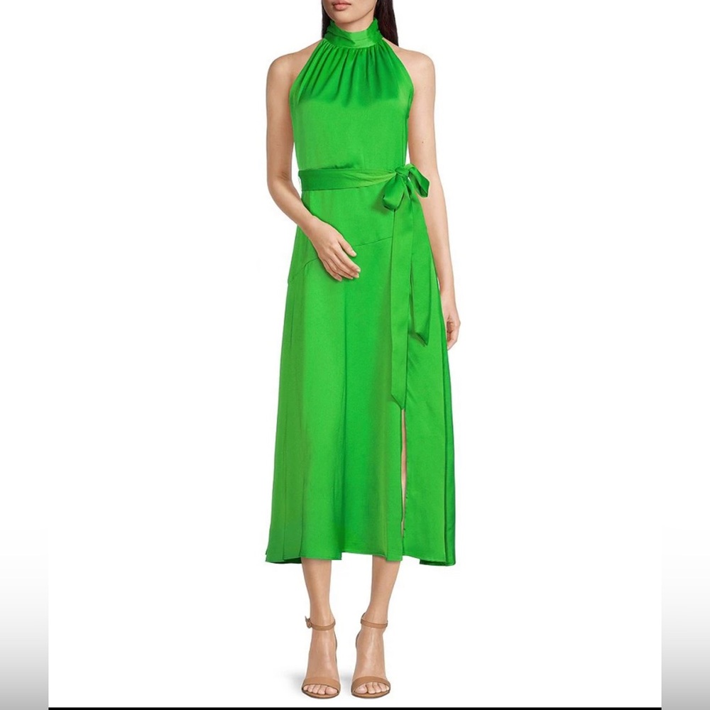 TAYLOR Stretch Satin Mock Neck Halter Midi Dress